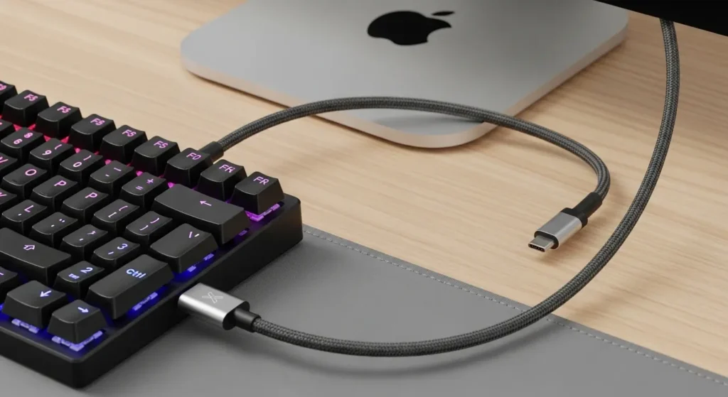 Mac miniにUSB-Cケーブルで接続された有線キーボード