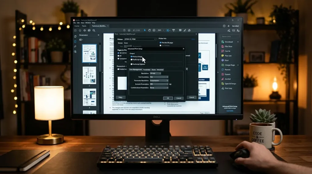 Adobe Acrobat Readerの印刷設定画面の詳細設定から画像として印刷のチェックをオンにする手順