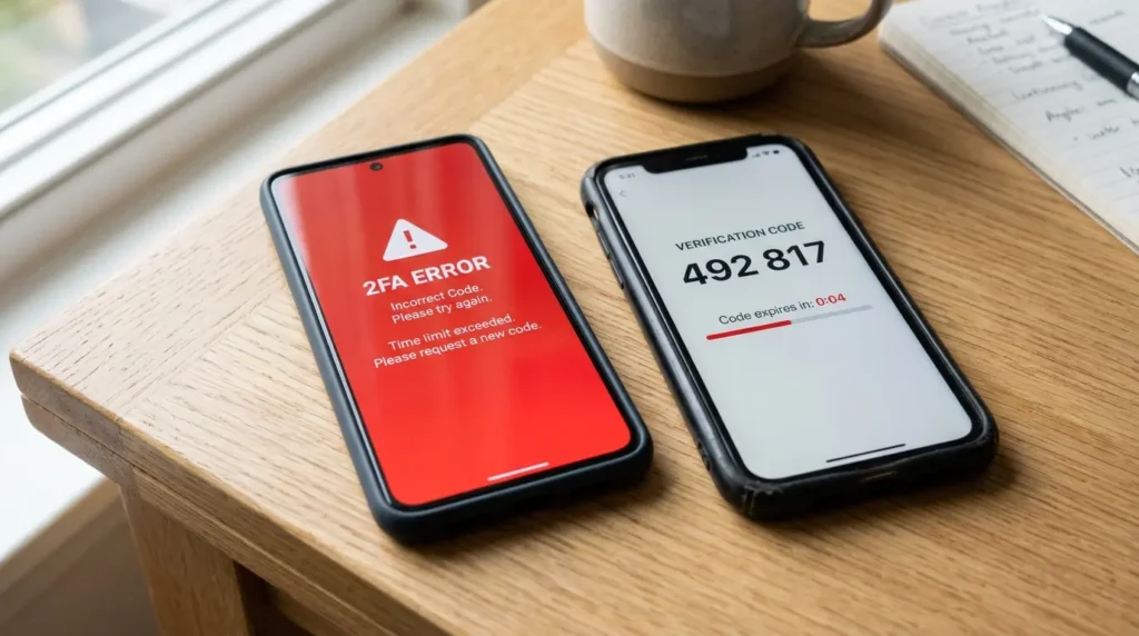 二段階認証エラーが発生した新スマホと、コードを表示する旧スマホ
