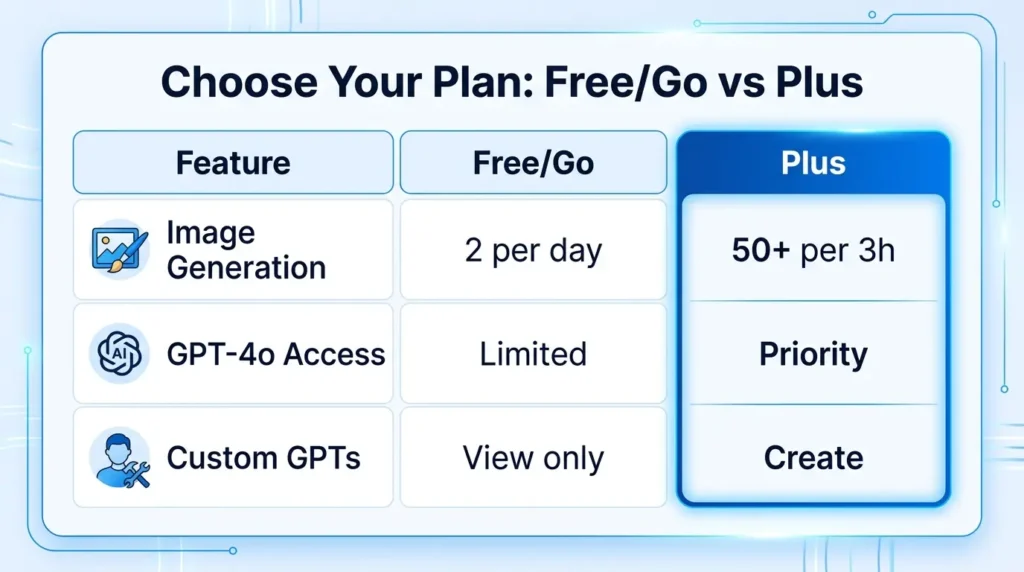 ChatGPT Go（無料）とPlus（有料）の制限と機能比較表