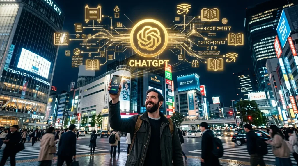 機種変更が無事に完了し、ネットワークに接続するユーザーとChatGPTロゴ