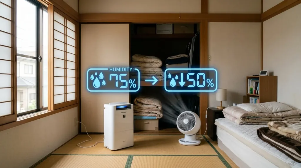 押し入れの湿気を取り除きカビを防ぐための家電配置