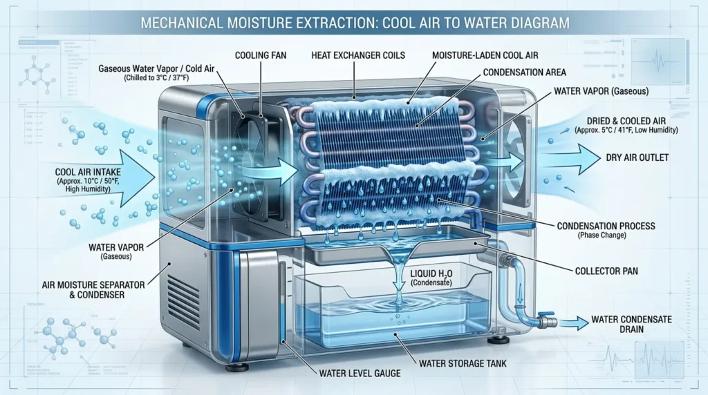 コンプレッサー式除湿機の除湿メカニズムの図解。