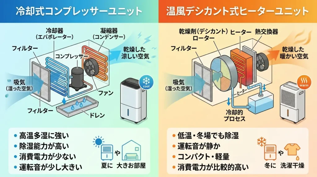 コンプレッサー式とデシカント式の構造比較。
