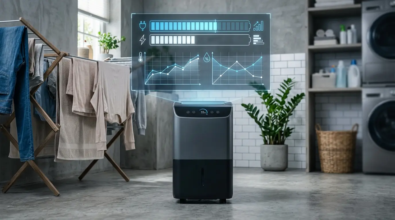 コンプレッサー式とデシカント式の除湿能力と電気代を視覚的に比較する近未来風のグラフィック画像