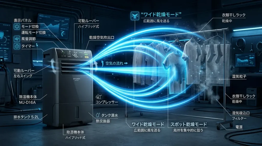 除湿機のルーバーのスイング機能による風の届く範囲の図