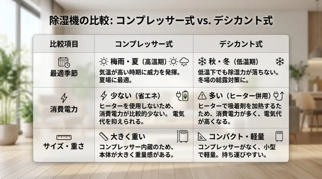コンプレッサー式とデシカント式除湿機の性能比較表