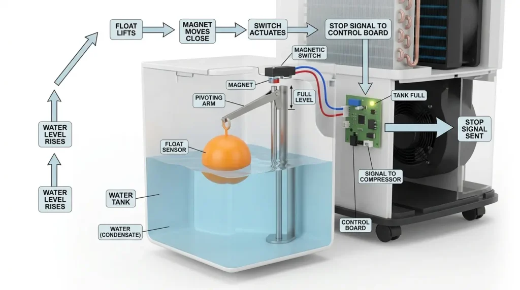 除湿機の水タンクが満水になった時に自動で止まる仕組みの図