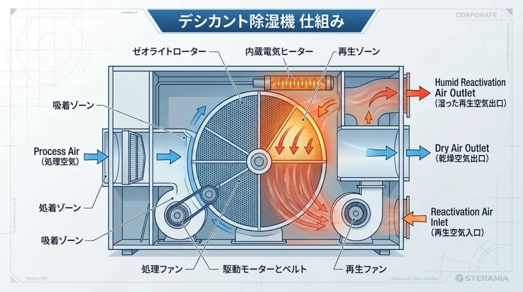 デシカント式除湿機の内部でヒーターが稼働し熱風を発生させる構造の図解