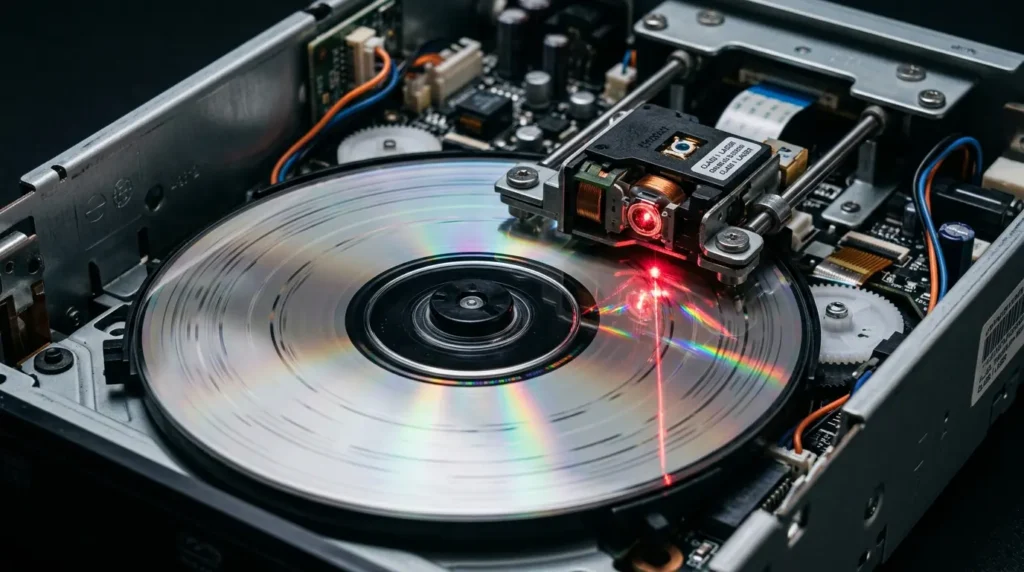 スーパーマルチドライブの内部でレーザーがDVDの記録層を精密に読み書きしているイメージ