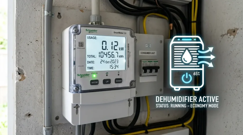 除湿機の低い消費電力を示すデジタルメーター。