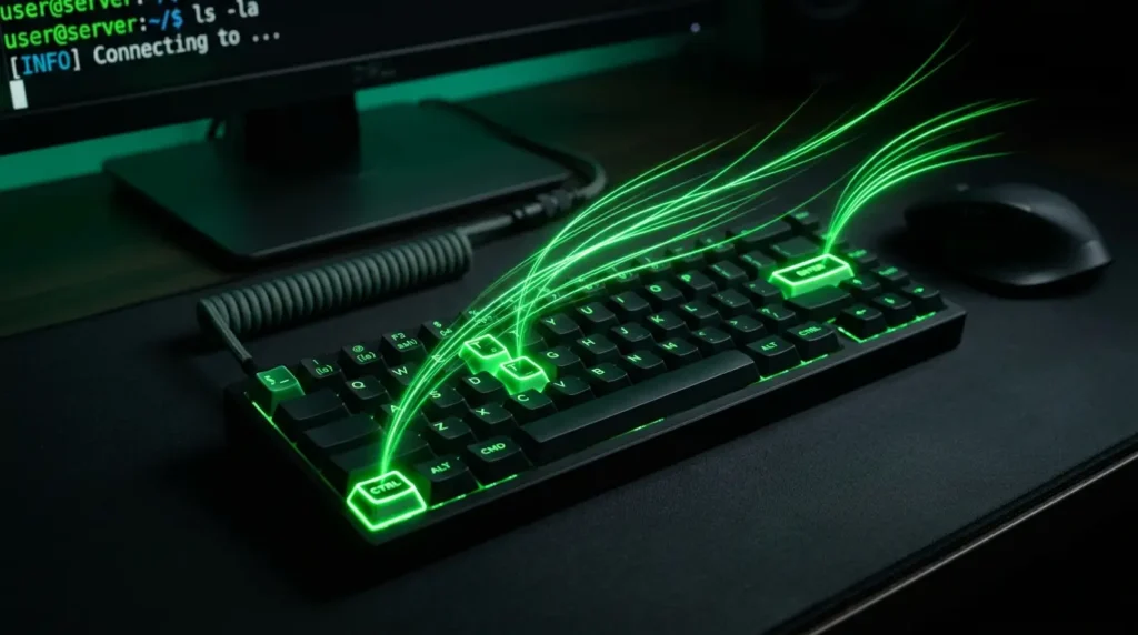 ノートパソコンのキーボードで左側のCtrlキーを使ったショートカット操作を行う様子