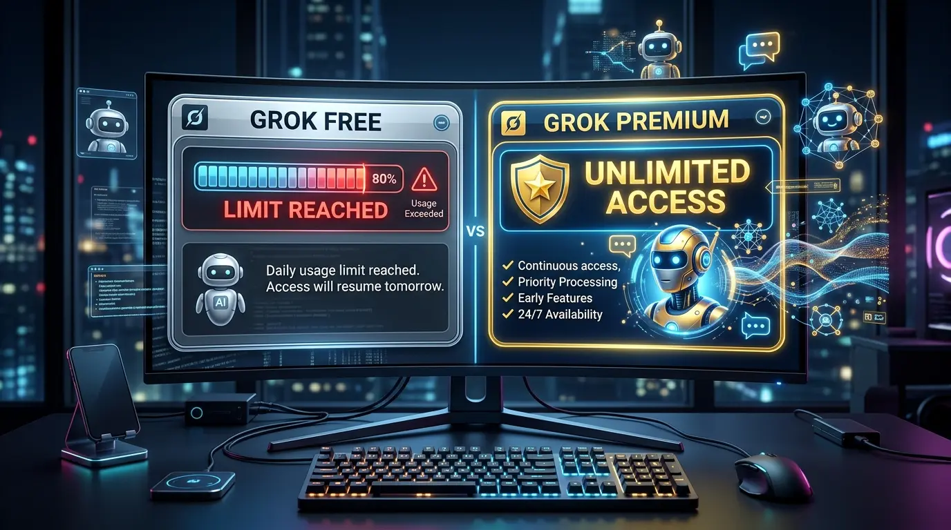 Grok AIの無料版と有料プランの制限内容を比較したイメージ図
