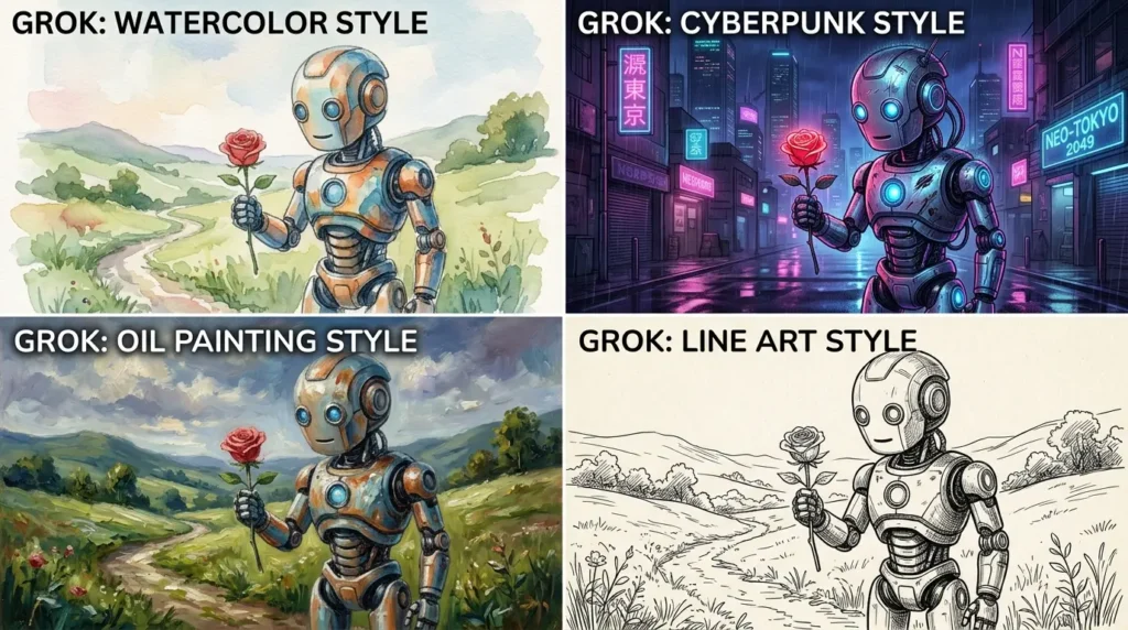 Grok AIが生成可能な様々なアートスタイルの比較