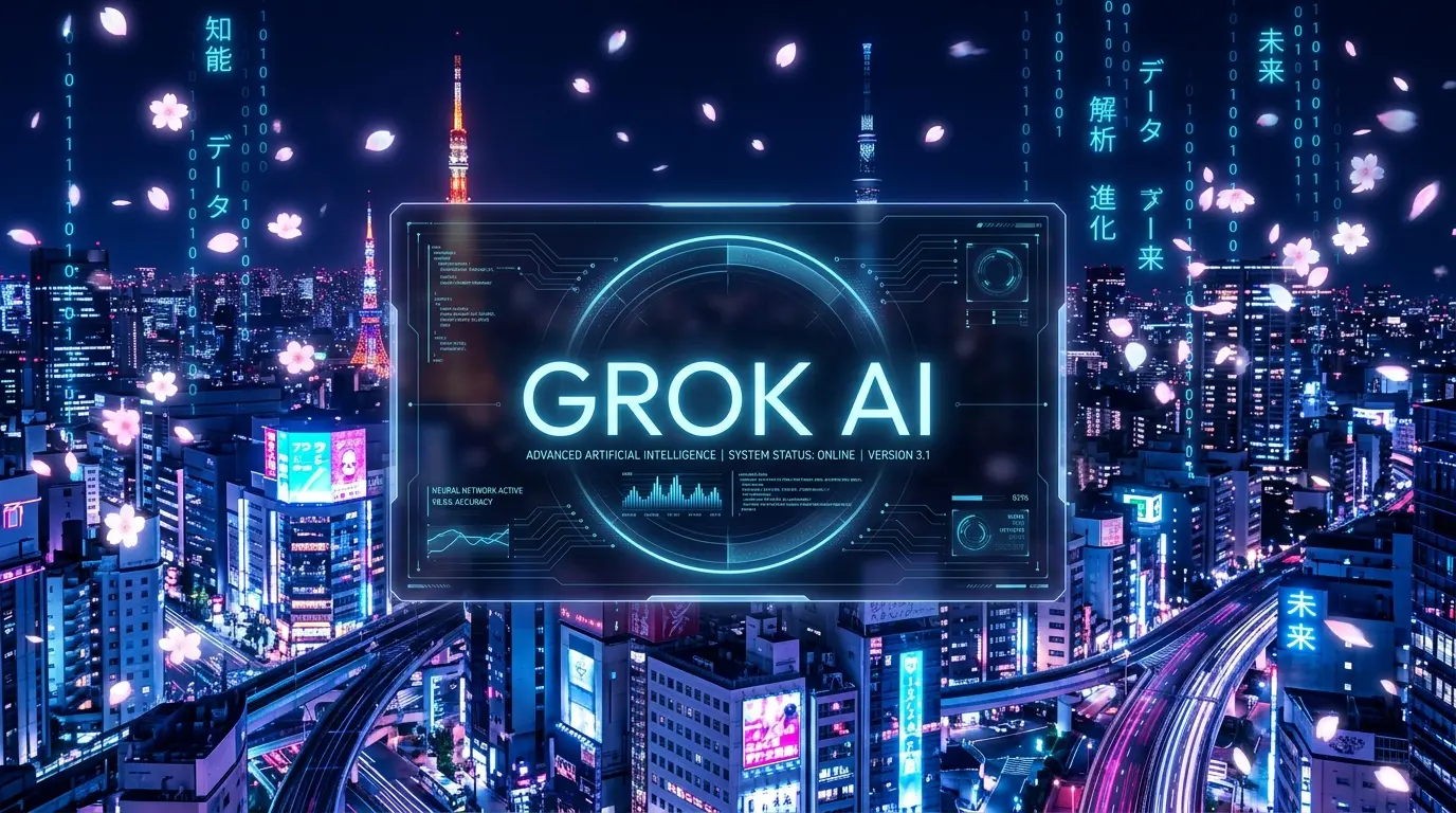 Grok AIの日本語インターフェースとサイバーパンクな日本文化の融合イメージ