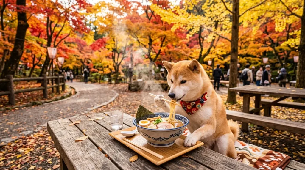 日本語プロンプト「秋の公園でラーメンを食べている柴犬」の生成結果例