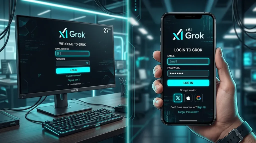 PCとスマホの両方でGrok AIにログインする際のインターフェース比較