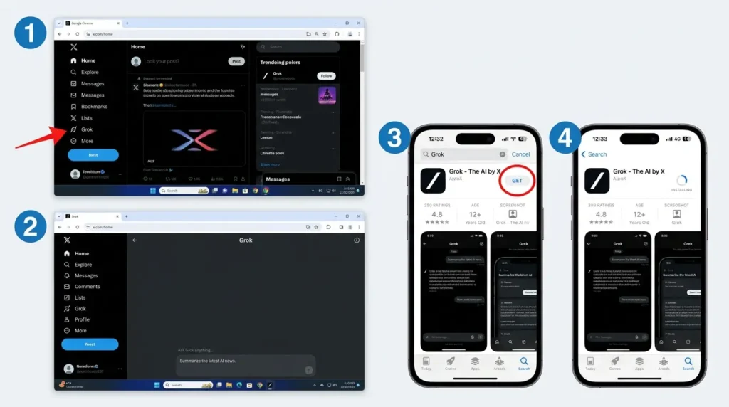 Grok AIのPCブラウザ版とスマートフォンアプリ版の操作画面比較