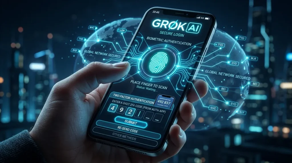 Grok AIのセキュアなログイン手順と二要素認証の画面イメージ