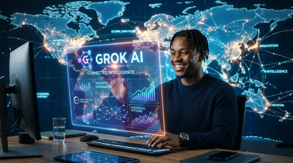 Grok AIを使いこなし、ビジネスや日常で成功を収めるユーザーのイメージ