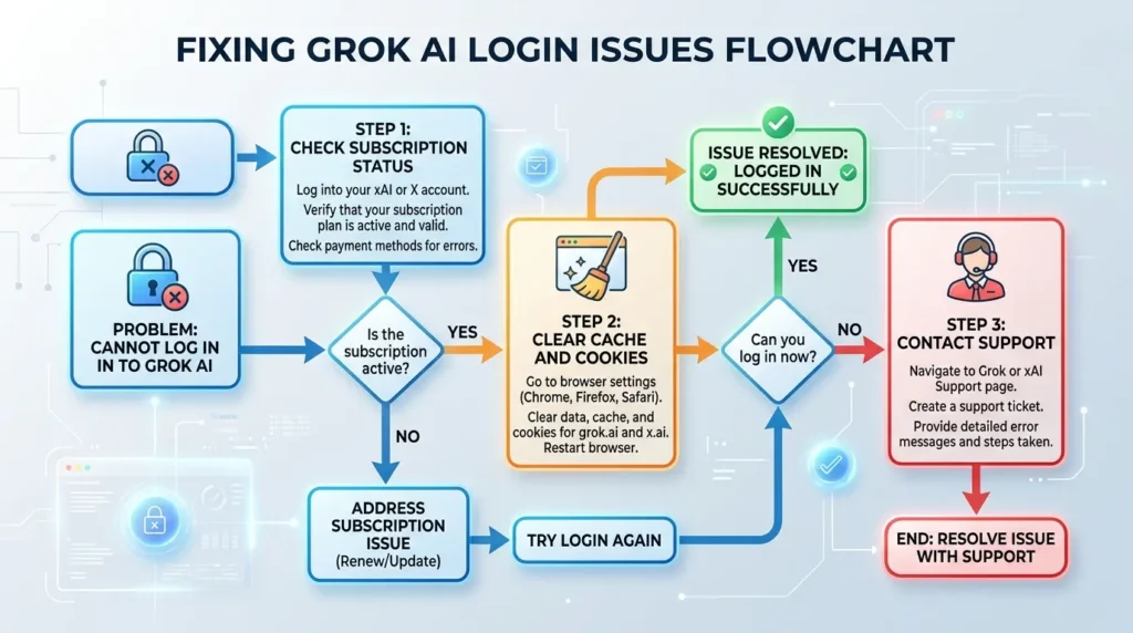 Grok AIにログインできない時のトラブルシューティング手順フローチャート