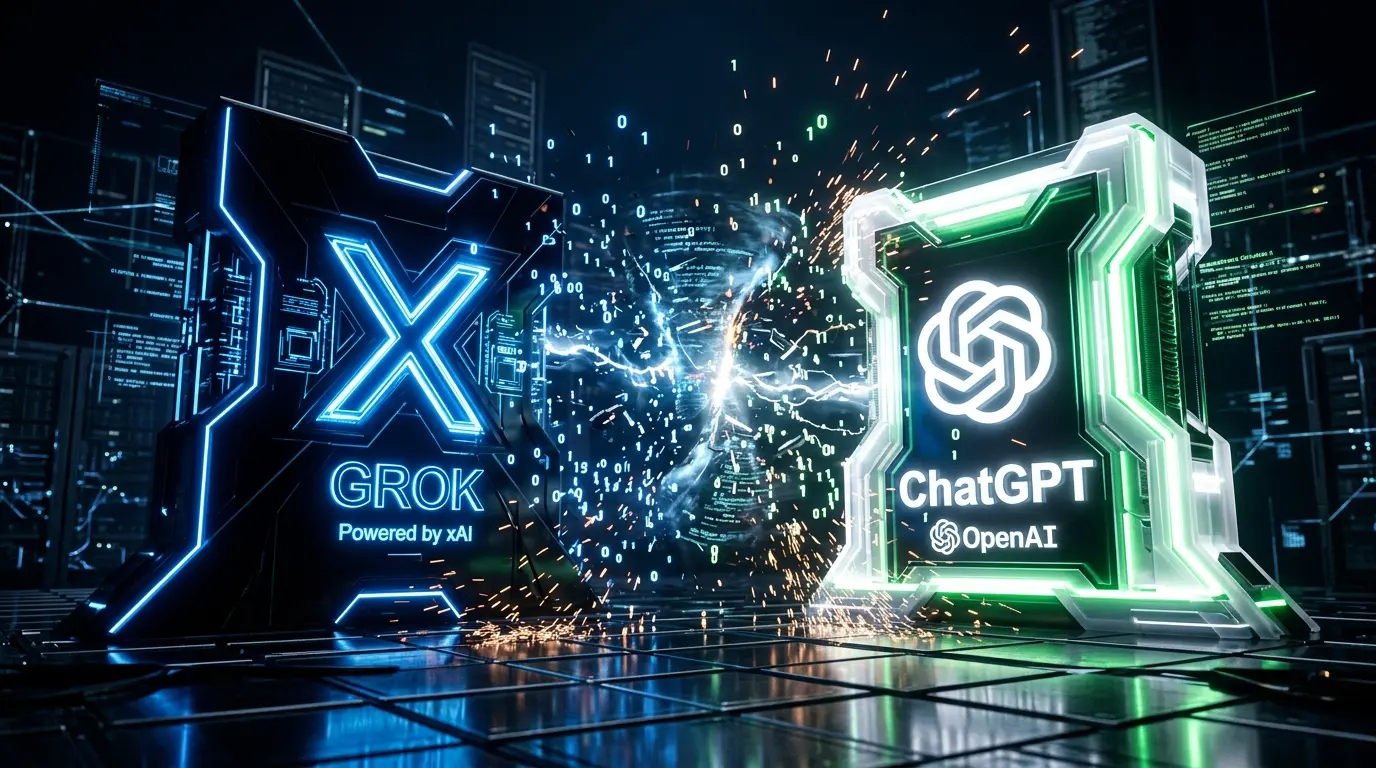 Grok AIとChatGPTの対決をイメージした比較画像