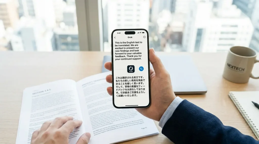 オフィスでiPhoneのGrokアプリを使い、英語ドキュメントを日本語に翻訳する様子