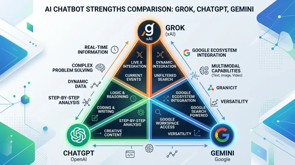 Grok、ChatGPT、Geminiの三者比較ダイアグラム