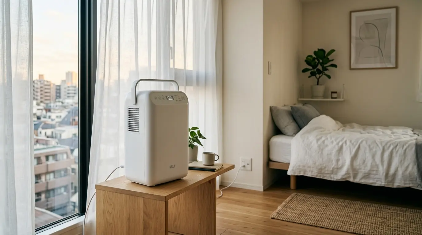 2026年最新の一人暮らし向け小型コンプレッサー式除湿機。狭いワンルームでも場所を取らず、室内干しの衣類を効率よく乾燥させるスタイリッシュなデザインの家電。