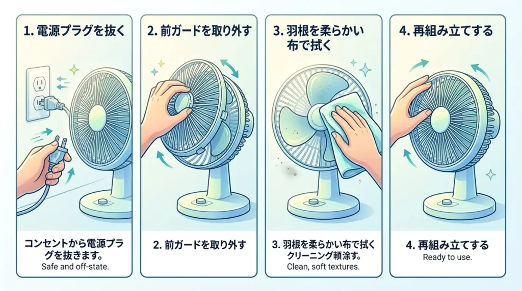 サーキュレーターの羽根とカバーを掃除する手順のイラスト