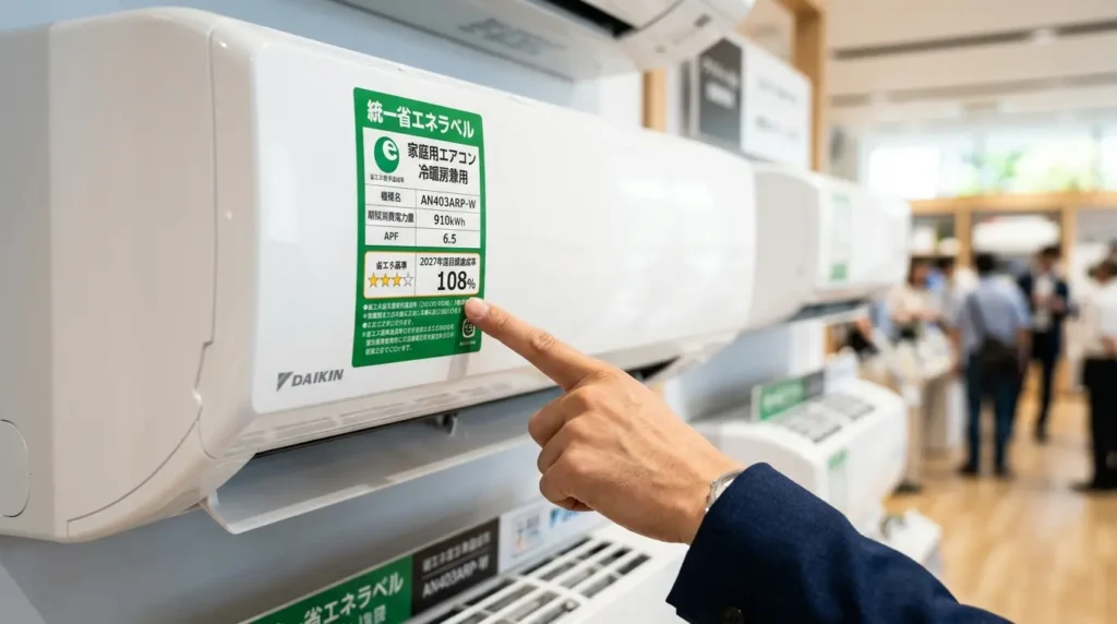 エアコンの2027年度目標達成率を確認する省エネラベルの接写