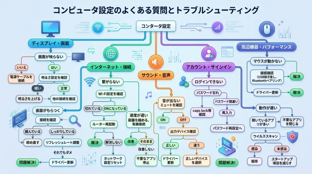 パソコンの設定に関するよくある質問とエラー解決の手順を示したフロー図