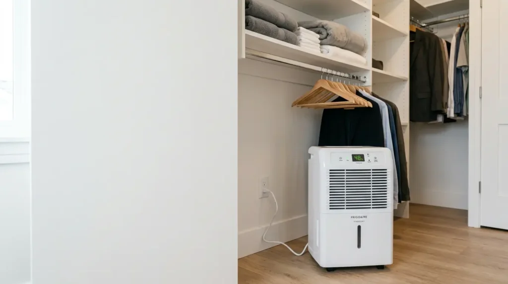 除湿機でカビを防いでいる清潔なクローゼット。