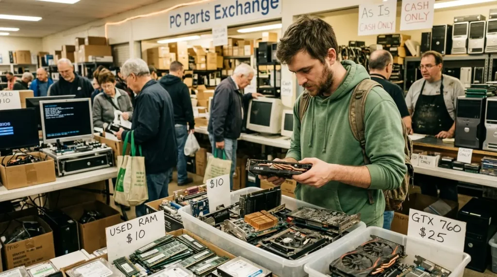 リユースショップの店舗の棚に綺麗に陳列されたパソコン周辺機器やPCパーツ