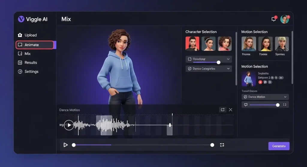 Viggle AIのWeb版でキャラクターとダンス動画を合成している操作画面