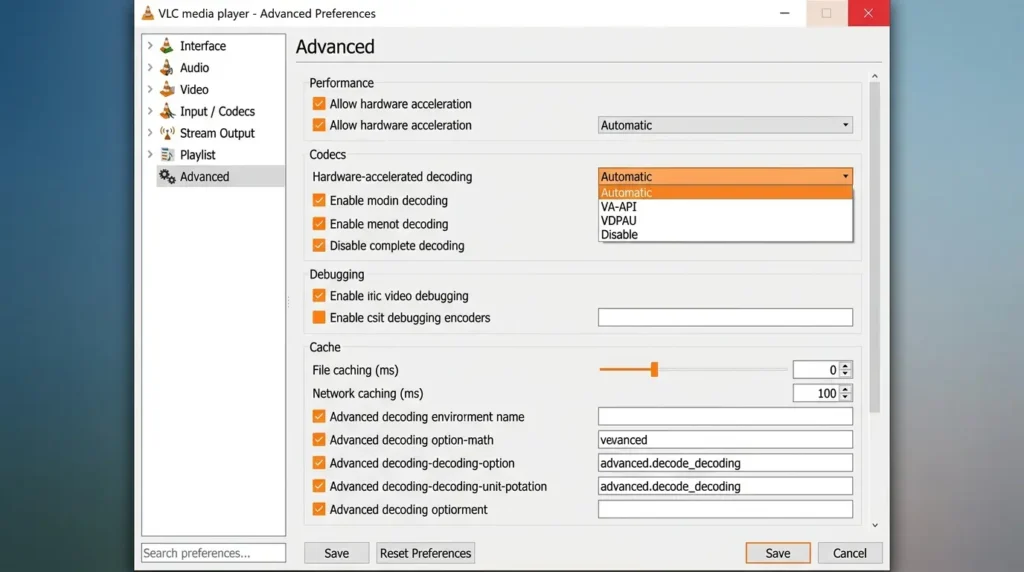 VLC media playerの高度な設定画面に表示されているメニュー項目一覧