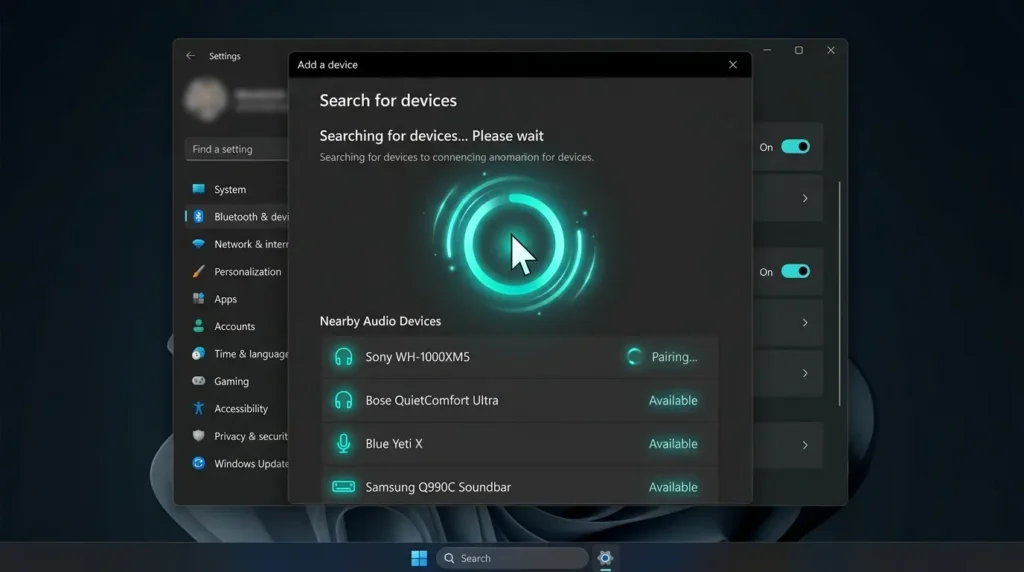 デバイスを追加するダイアログ画面で近くのBluetoothスピーカーを新しく検索して認識させる様子