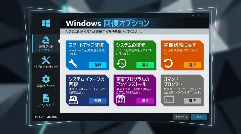 設定アプリの回復メニューから高度なスタートアップを選択して再起動する手順