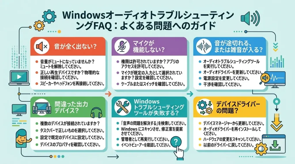 パソコンのオーディオ不具合に関するよくある質問と解決手順のマップ図