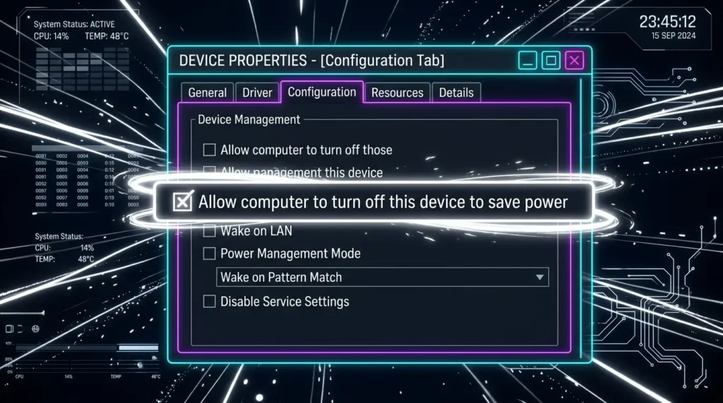 電源の管理タブで電力を節約するためにコンピューターでこのデバイスの電源をオフにできるようにするのチェックを外す操作