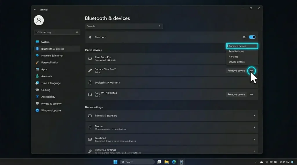 設定アプリのBluetoothとデバイス一覧画面からペアリング済みのヘッドセットを削除する操作