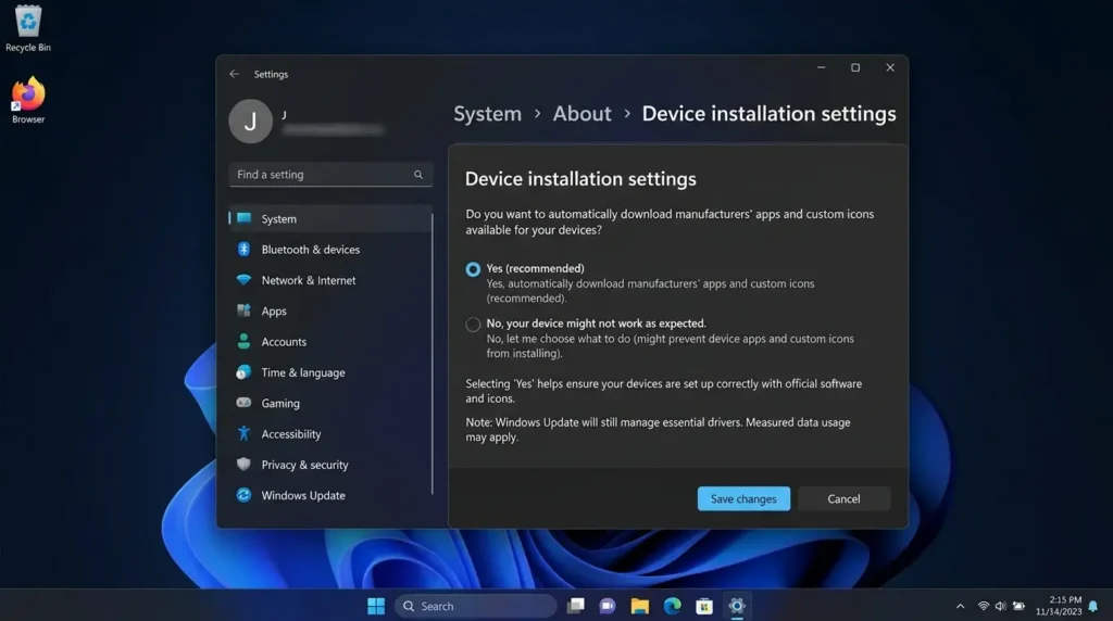 デバイスのインストール設定画面で自動ダウンロードを「いいえ」に変更する操作
