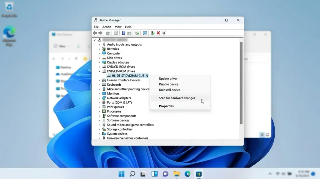 Windows 11のデバイスマネージャー画面で外付けドライブの認識状態を確認する様子