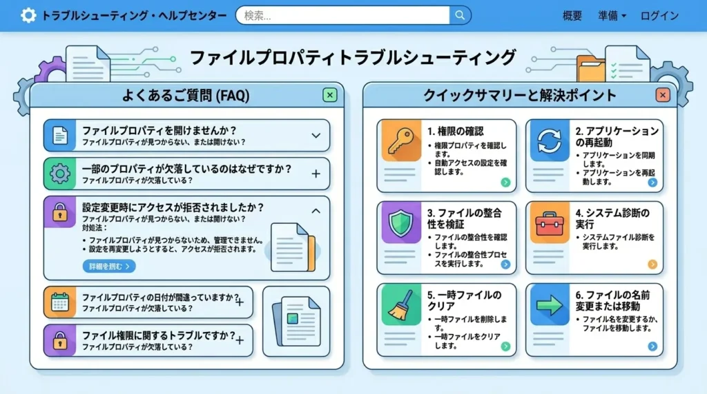 パソコンのファイル管理やエラー解決手順に関するよくある質問のインフォグラフィック画面