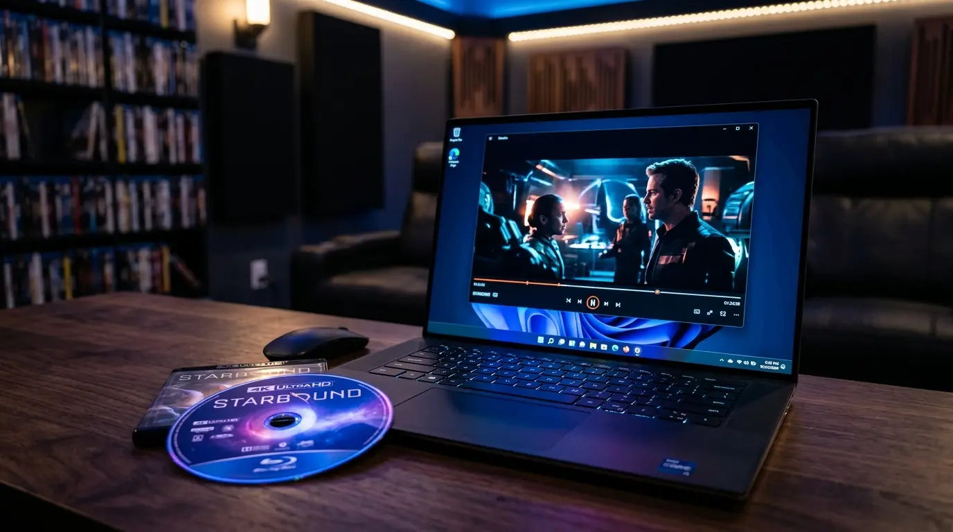 Windows 11を搭載したノートパソコンの画面に映画のコントロールバーが表示されている様子