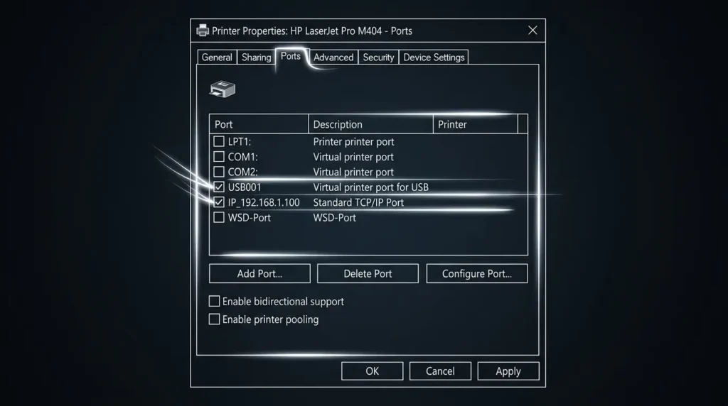 プリンターのプロパティのポートタブ画面でWSDポートのチェックを標準TCP/IPポートへ変更する操作