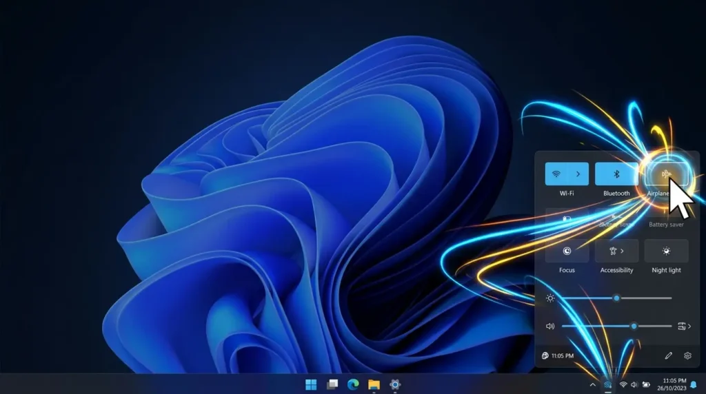 Windows 11のクイック設定画面で機内モードのオンとオフを切り替える操作