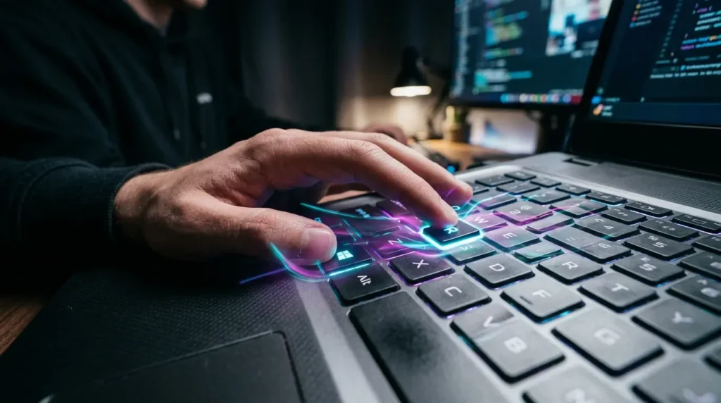 キーボードのショートカットキーを押してファイル名を指定して実行画面を立ち上げる様子