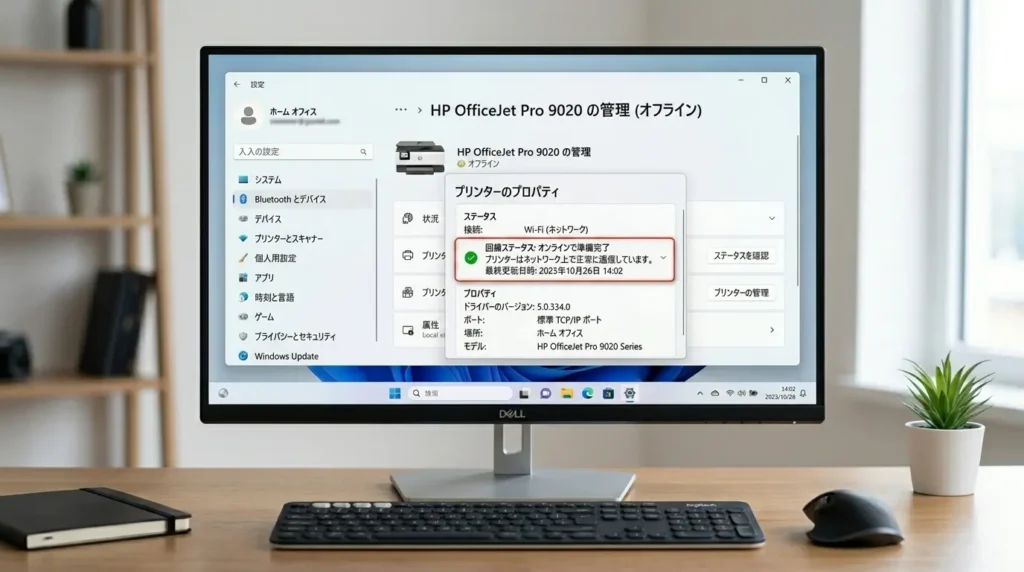 プリンターとスキャナー設定画面でデバイスの状態がオフラインエラーになっている表示の確認