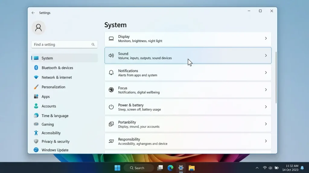Windows 11のシステム設定からサウンドメニューを開くための操作手順